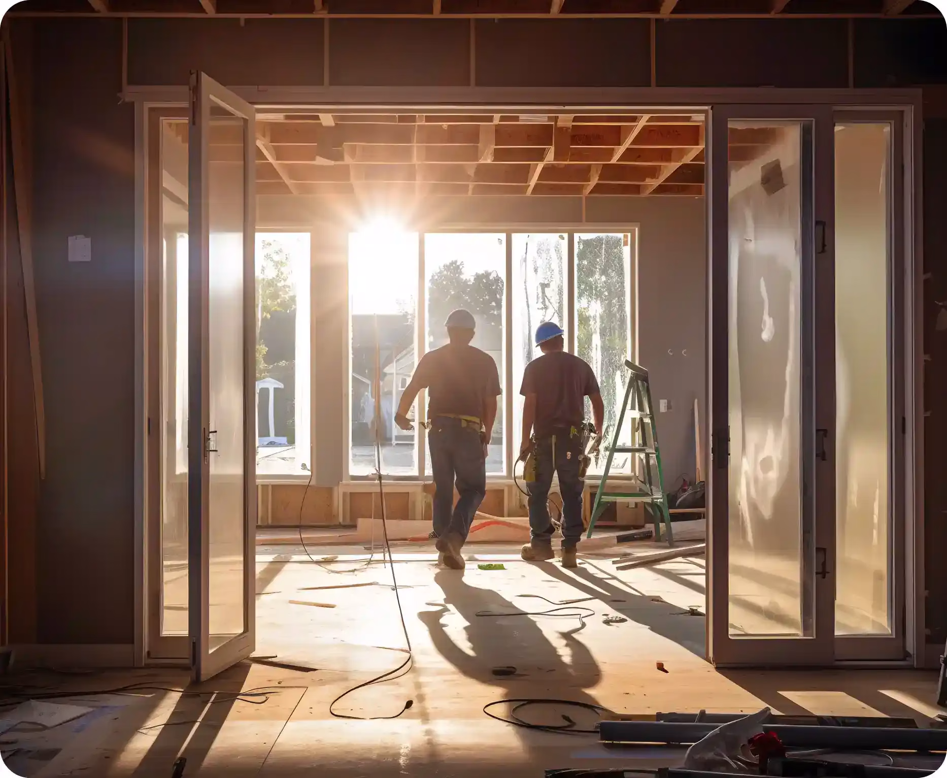 Two men walking through a home renovation with hard hats on