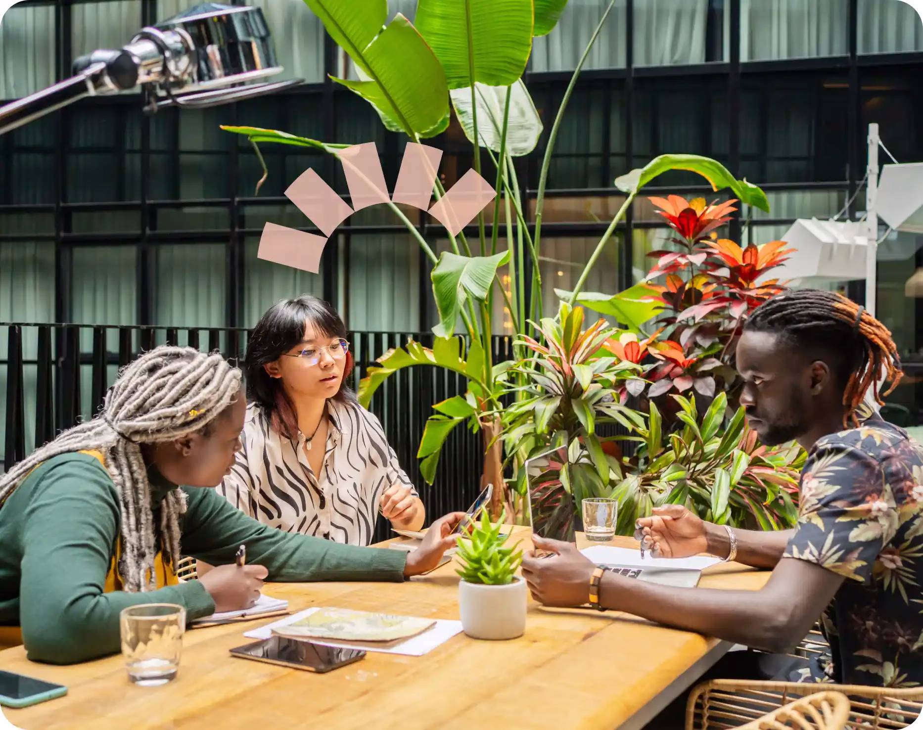 Several people chatting around a table