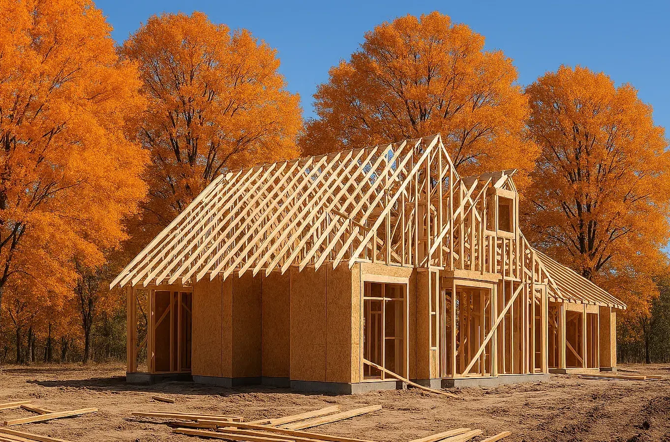 Home construction in autumn