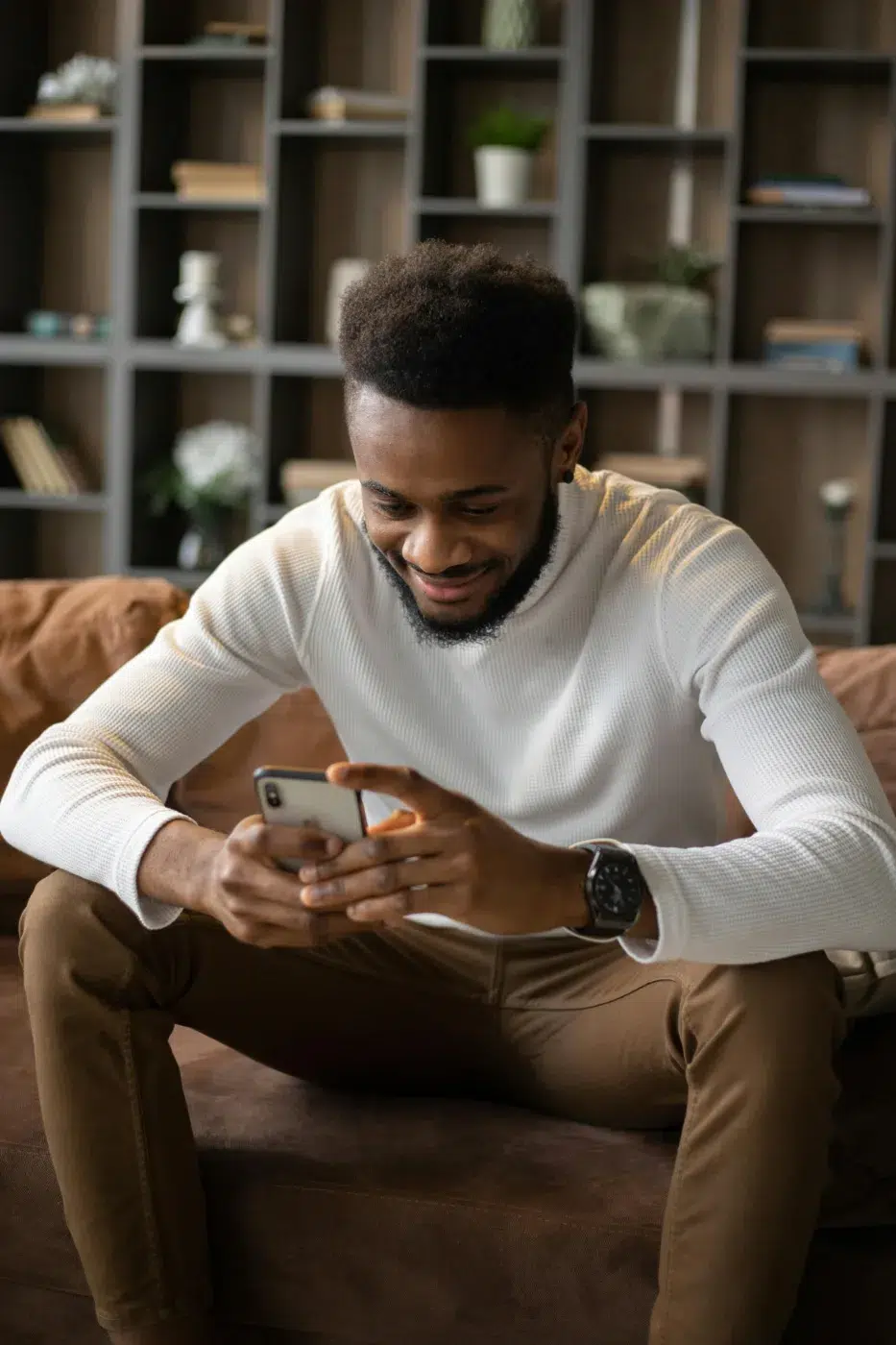 A man enjoys easing banking on his phone with Community Choice Credit Union