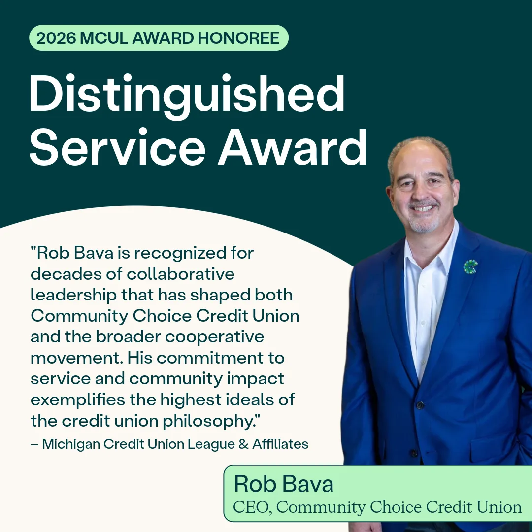 Rob Bava, CEO of Community Choice Credit Union, receives MCUL Distinguished Service Award
