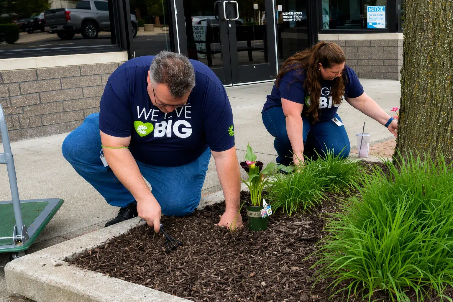 Community Choice member volunteers giving big and giving back by planting flowers.