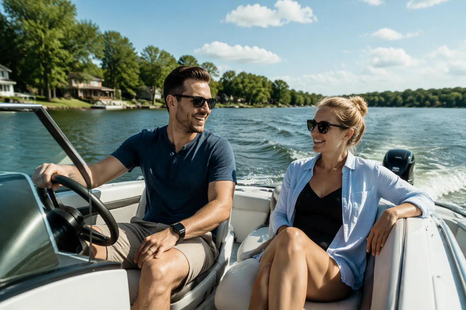 A couple enjoy their new boat on a Michigan lake thanks to a boat loan from Community Choice Credit Union.